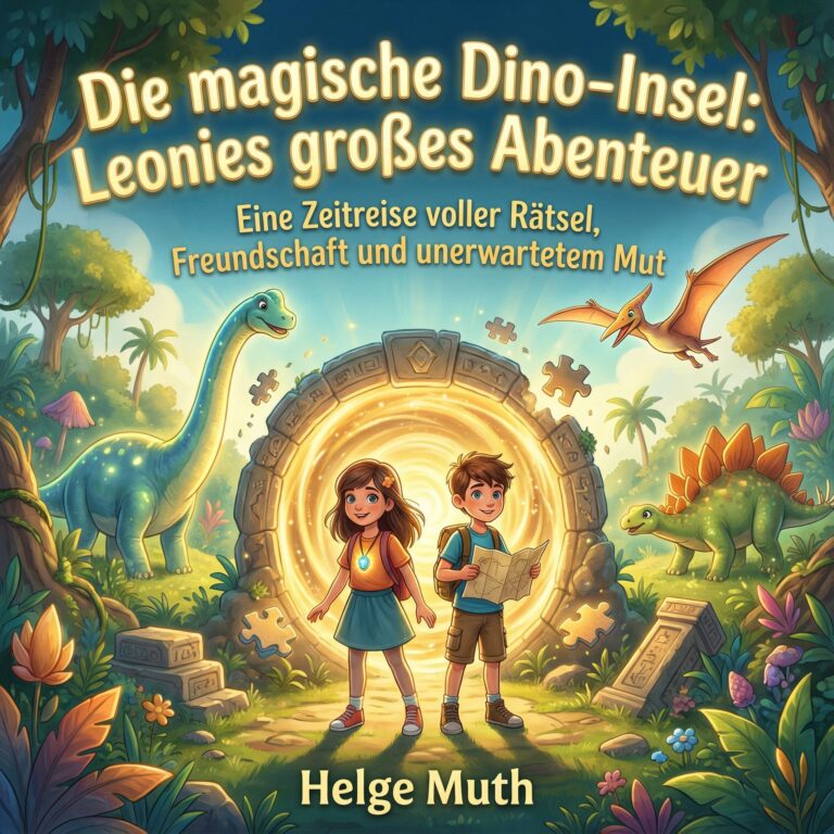 Cover des Kinderhörbuchs „Die magische Dino-Insel – Leonies großes Abenteuer“ von Helge Muth. Zwei Mädchen stehen in einer leuchtenden Urzeitlandschaft, umgeben von Dinosauriern und dichtem Dschungel.