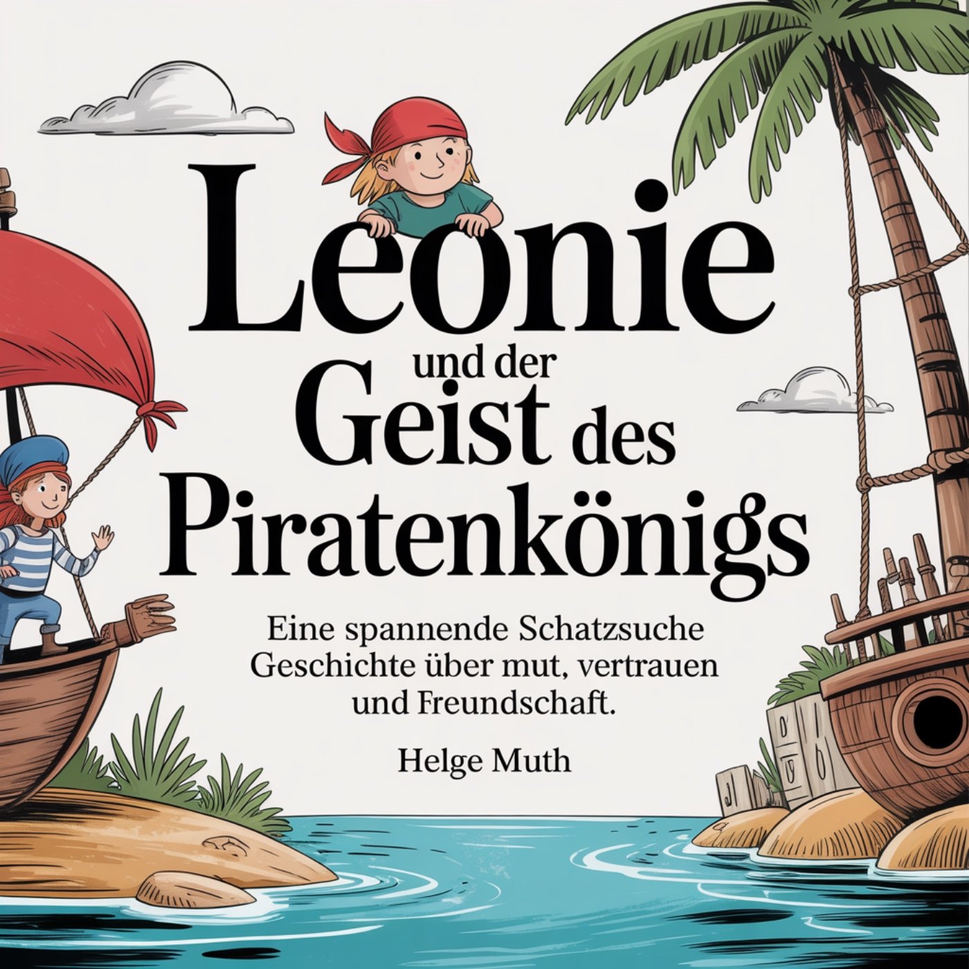 Cover des Kinderhörbuchs „Leonie und der Geist des Piratenkönigs“ von Helge Muth. Eine junge Piratin steht zwischen einem Piratenschiff, einer tropischen Insel und dem Meer.