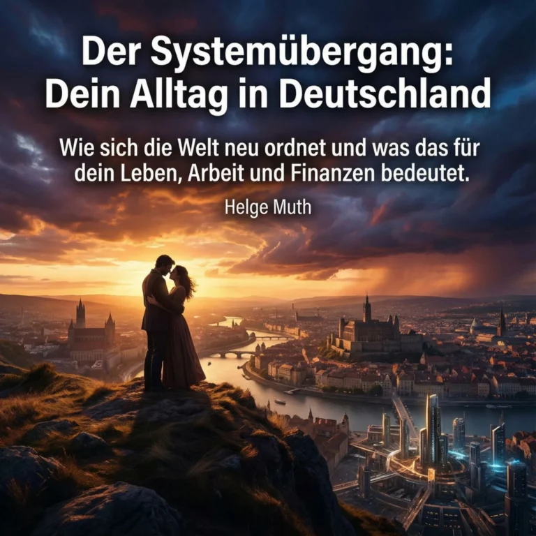Cover des Hörbuchs „Der Systemübergang - Dein Alltag in Deutschland“ von Helge Muth mit einem Paar über einer deutschen Stadt zwischen Gegenwart und Zukunft.