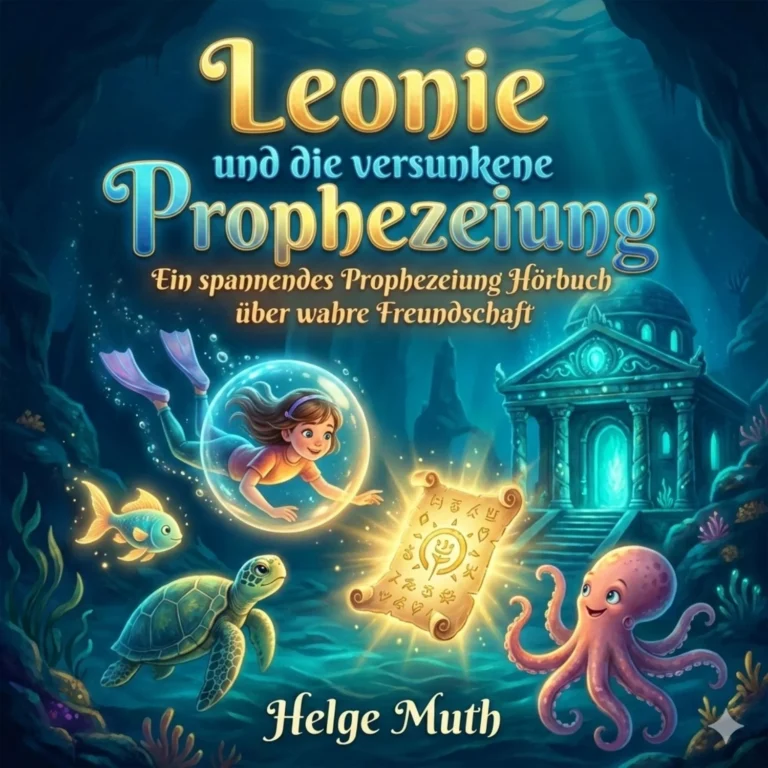 Cover des Kinderhörbuchs „Leonie und die versunkene Prophezeiung“ von Helge Muth mit Leonie, Meerestieren, leuchtender Schriftrolle und einem versunkenen Tempel.